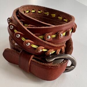 Leather Belt Brown Studded Braided Detail Boho Western | Size Large